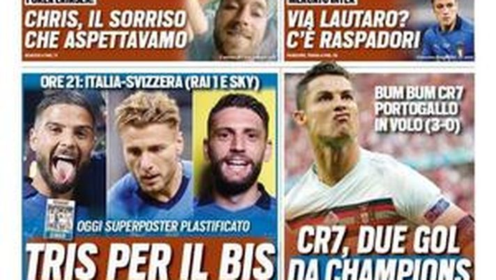 Prima Pagina, Tuttosport: “CR7, due gol da Champions. Italia, tris per il bis” 