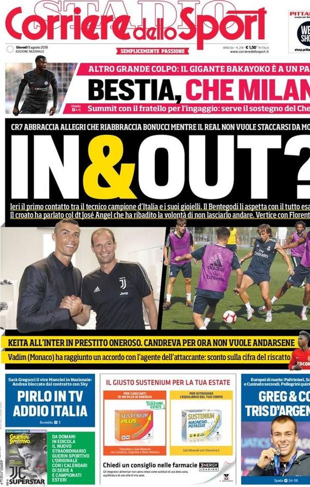 Prima Pagina, Corriere dello Sport: “In & Out? Bestia, che Milan. Pirlo in tv, addio Italia…” Prima Pagina, Corriere dello Sport: “In & Out? Bestia, che Milan. Pirlo in tv, addio Italia…”