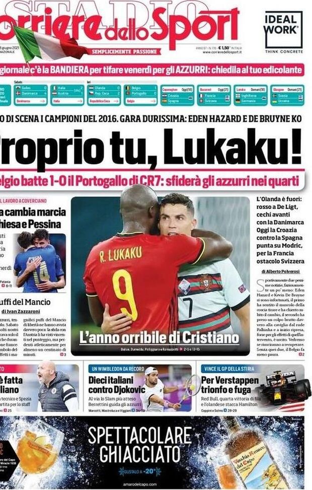Prima Pagina, Corriere dello Sport: “Proprio tu Lukaku! Il Belgio vs gli azzurri”  Prima Pagina, Corriere dello Sport: “Proprio tu Lukaku! Il Belgio vs gli azzurri”