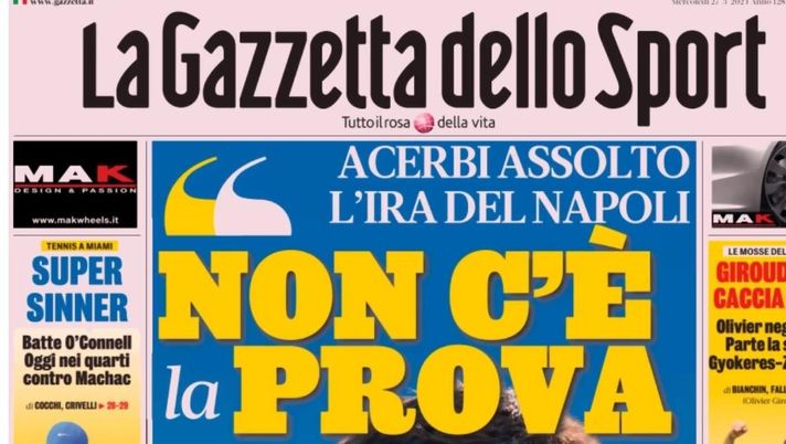 PRIMA PAGINA GAZZETTA DELLO SPORT OGGI