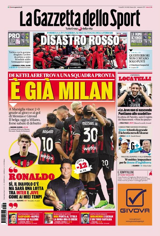La Gazzetta dello Sport, la prima pagina di oggi, lunedì 1° agosto 2022