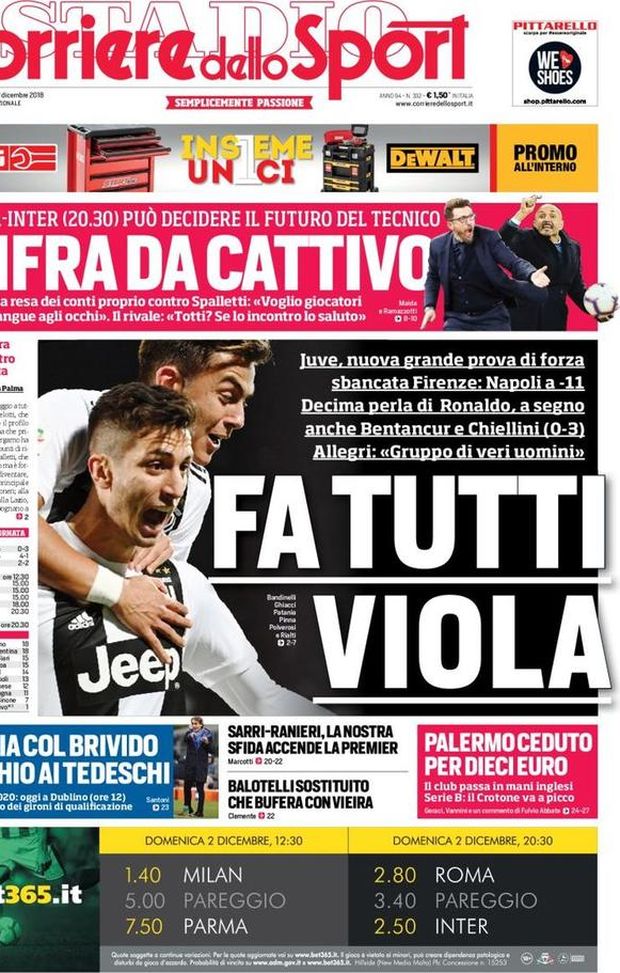 Prima Pagina, Corriere dello Sport: “Fa tutti viola. Palermo ceduto per dieci euro. Italia col brivido…” Prima Pagina, Corriere dello Sport: “Fa tutti viola. Palermo ceduto per dieci euro. Italia col brivido…”
