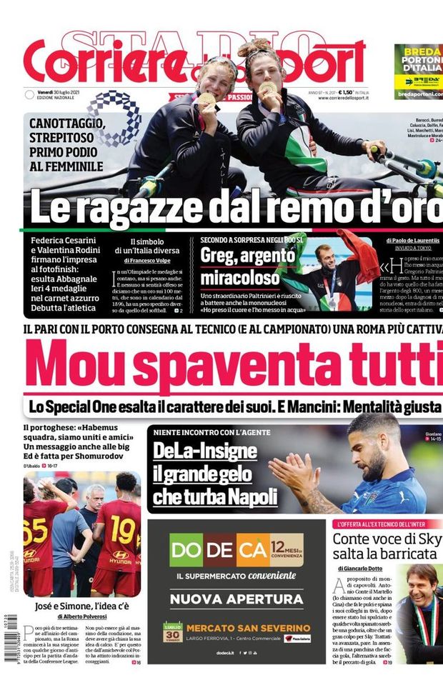 Prima Pagina, Corriere dello Sport: “Mou spaventa tutti! Le ragazze del remo d’oro” 