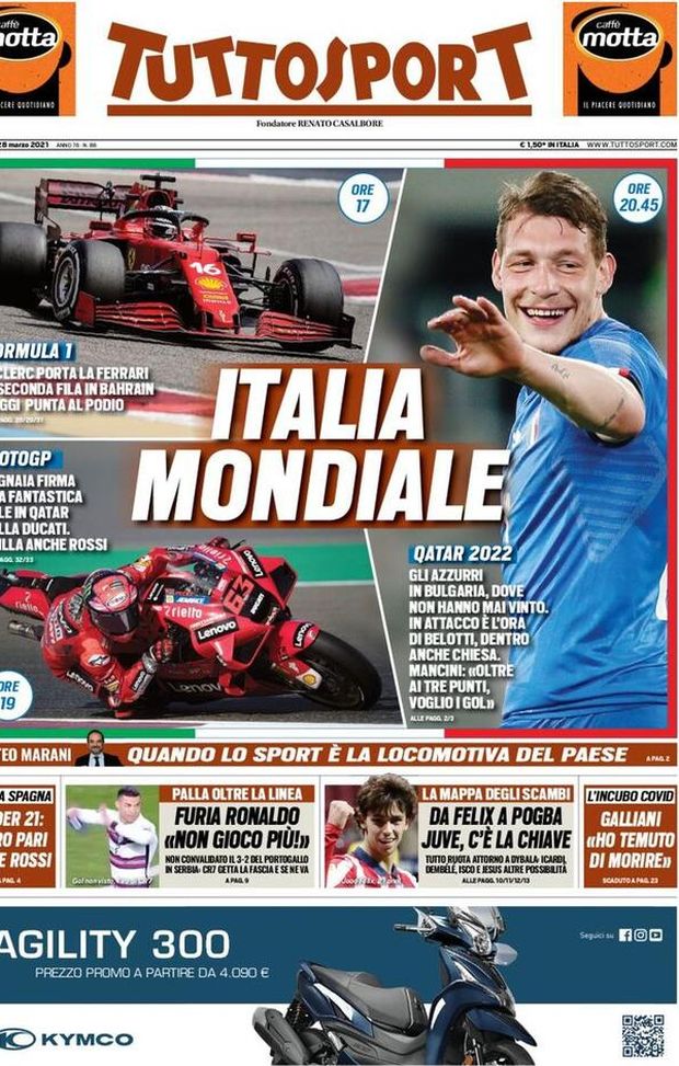  Tuttosport, la prima pagina di oggi, domenica 28 marzo 2021 