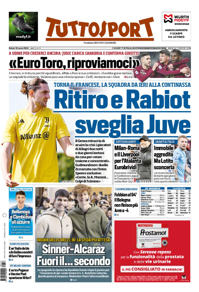 La prima pagina di Tuttosport 16-03-2024