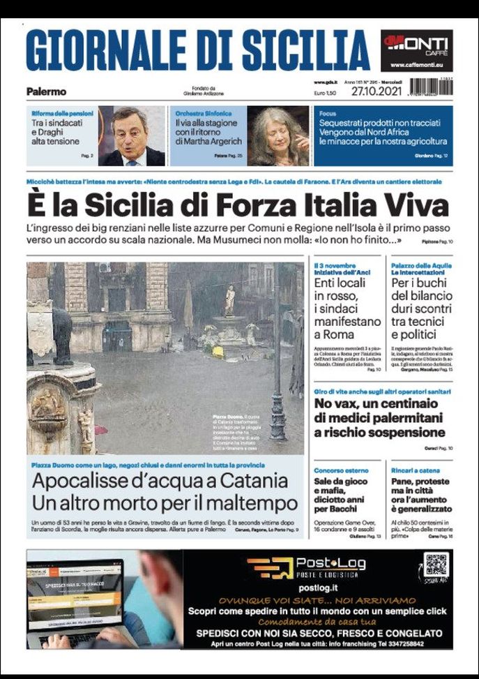 Prima Pagina, Giornale di Sicilia: “Apocalisse d’acqua a Catania. Un altro morto” - immagine 1