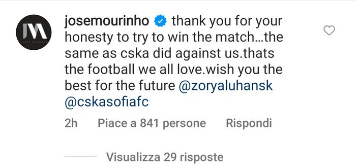 Mourinho ringrazia lo Zorya sui social: “Questo è il calcio che amiamo”- immagine 2