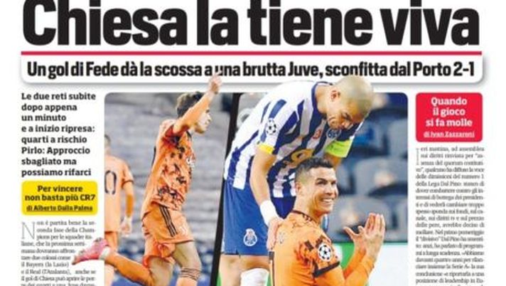 Prima Pagina, Corriere dello Sport: “Chiesa la tiene viva. La serata nera di Ronaldo, rabbia per un rigore negato” 
