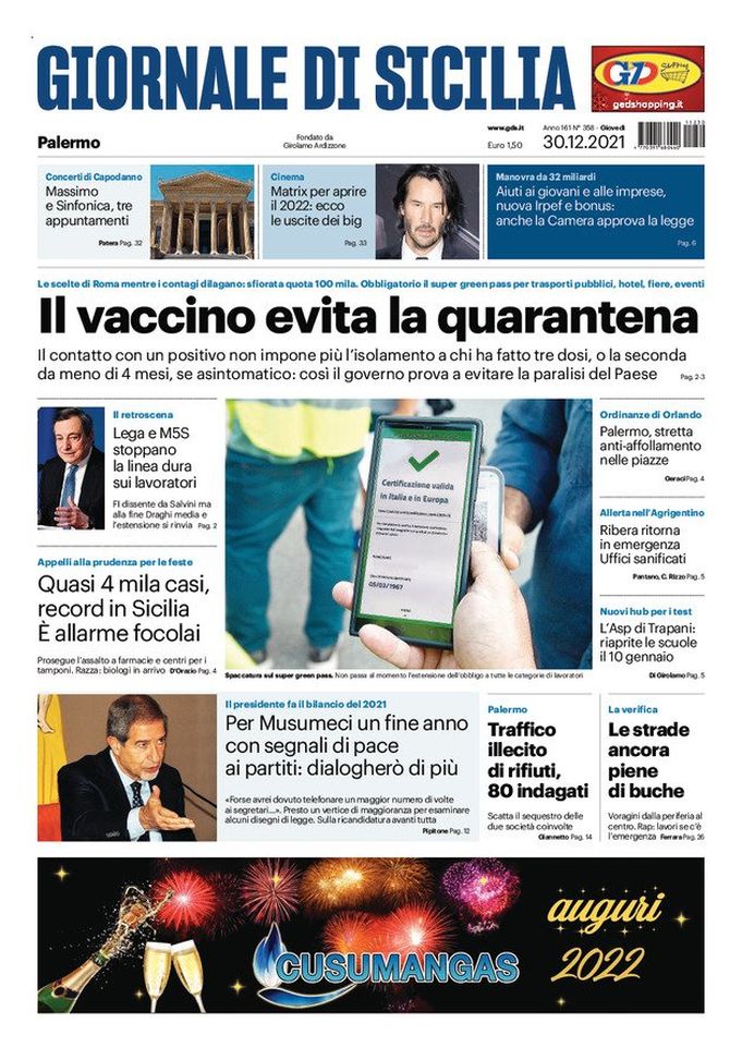 Prima Pagina, Giornale di Sicilia: “Il vaccino evita la quarantena” - immagine 1
