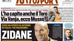 PRIMA PAGINA TUTTOSPORT OGGI: “Zidane fa sognare il popolo Juve”