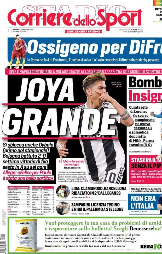 Prima Pagina, Corriere dello Sport: “Joya grande. Ossigeno per DiFra. Bomber Insigne. Zamparini ridà il Palermo a Stellone” Prima Pagina, Corriere dello Sport: “Joya grande. Ossigeno per DiFra. Bomber Insigne. Zamparini ridà il Palermo a Stellone”