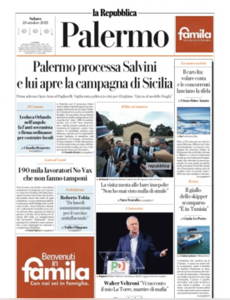 Prima Pagina, La Repubblica: “Palermo processa Salvini che apre campagna di Sicilia” - immagine 1