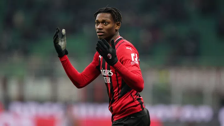 MILAN, ITALY - JANUARY 13: Rafael Leão of AC Milan reacts during the Coppa Italia match between AC Milan and Genoa CFC at Stadio Giuseppe Meazza on January 13, 2022 in Milan, Italy. (Photo by Pier Marco Tacca/AC Milan via Getty Images)