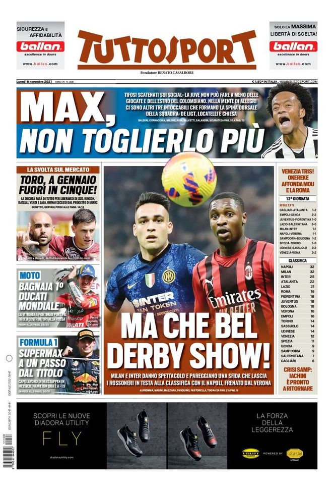 Prima Pagina, Tuttosport: “Ma che bel derby show. Max, non toglierlo più!” Prima Pagina, Tuttosport: “Ma che bel derby show. Max, non toglierlo più!” - immagine 1