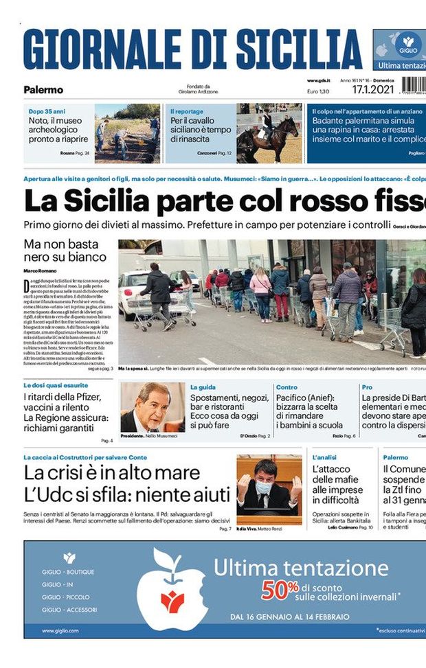 Prima Pagina, Giornale di Sicilia: “La Sicilia parte col rosso fisso. Prefetture in campo” Prima Pagina, Giornale di Sicilia: “La Sicilia parte col rosso fisso. Prefetture in campo”