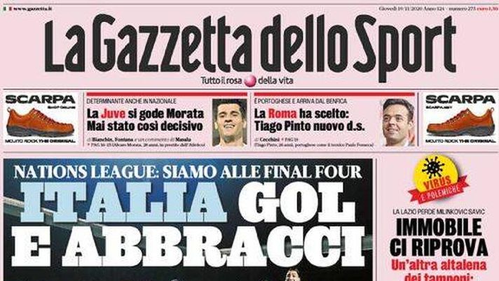 La prima pagina della Gazzetta dello Sport, in edicola oggi, 19 novembre 2020 