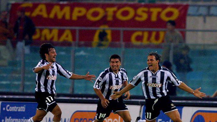 8 Sep 2001: Roberto Muzzi of Udinese (right) celebrates after scoring with team mates David Pizarro (centre) and Mauricio Pineda 8 Sep 2001: Roberto Muzzi of Udinese (right) celebrates after scoring with team mates David Pizarro (centre) and Mauricio Pineda