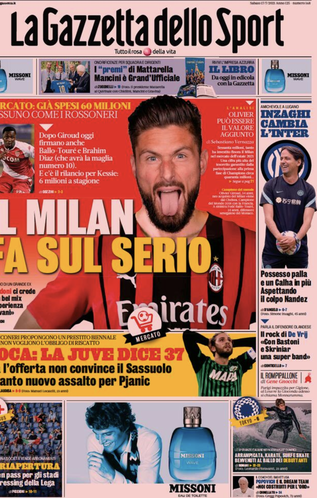 Prima Pagina, Gazetta dello Sport: “Il Milan fa sul serio. Inzaghi cambia l’Inter” Prima Pagina, Gazetta dello Sport: “Il Milan fa sul serio. Inzaghi cambia l’Inter”