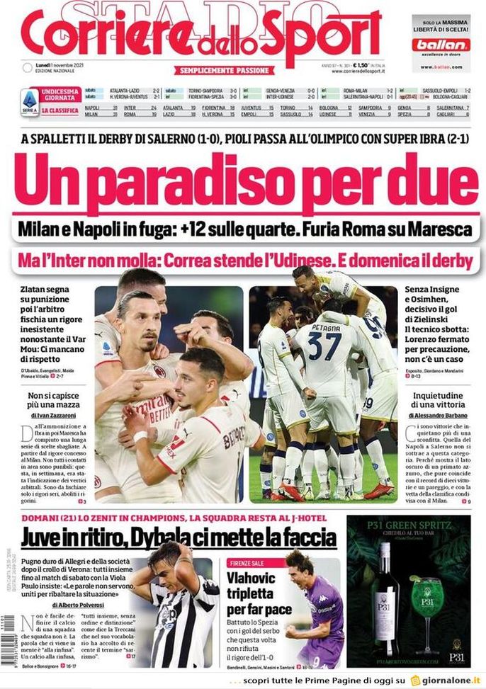 Prima Pagina, Corriere dello Sport: “Un paradiso per due, Milan e Napoli in fuga”  Prima Pagina, Corriere dello Sport: “Un paradiso per due, Milan e Napoli in fuga” - immagine 1