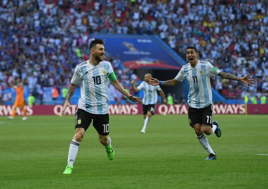 KAZAN, RUSSIA - JUNE 30: Lionel Messi and Angel Di Maria of Argentina celebrate during the 2018 FIFA World Cup Russia Round of 16 match between France and Argentina at Kazan Arena on June 30, 2018 in Kazan, Russia. (Photo by Shaun Botterill/Getty Images) KAZAN, RUSSIA - JUNE 30: Lionel Messi and Angel Di Maria of Argentina celebrate during the 2018 FIFA World Cup Russia Round of 16 match between France and Argentina at Kazan Arena on June 30, 2018 in Kazan, Russia. (Photo by Shaun Botterill/Getty Images)