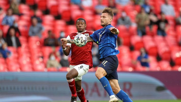 LONDON, ENGLAND - JUNE 26: David Alaba of Austria battles for possession with Ciro Immobile of Italy during the UEFA Euro 2020 Championship Round of 16 match between Italy and Austria at Wembley Stadium at Wembley Stadium on June 26, 2021 in London, England. (Photo by Carl Recine - Pool/Getty Images) LONDON, ENGLAND - JUNE 26: David Alaba of Austria battles for possession with Ciro Immobile of Italy during the UEFA Euro 2020 Championship Round of 16 match between Italy and Austria at Wembley Stadium at Wembley Stadium on June 26, 2021 in London, England. (Photo by Carl Recine - Pool/Getty Images)