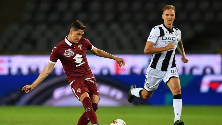 TURIN, ITALY - JUNE 23:  Sasa Lukic (L) of Torino FC kicks the ball during the Serie A match between Torino FC and  Udinese Calcio at Stadio Olimpico di Torino on June 23, 2020 in Turin, Italy.  (Photo by Valerio Pennicino/Getty Images) 