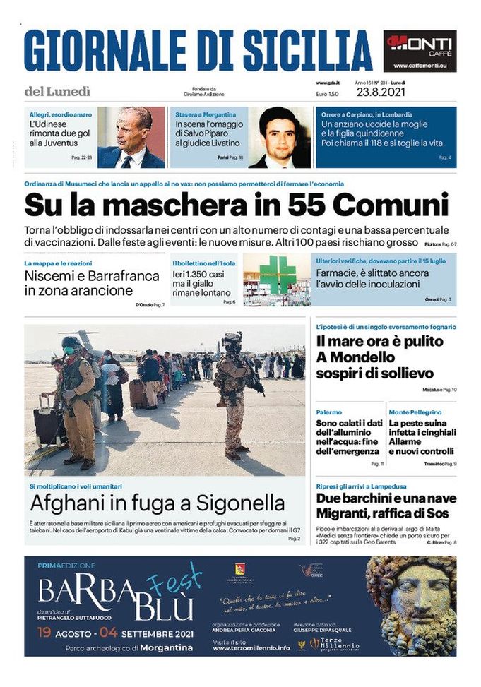 Prima Pagina, Giornale di Sicilia: “Su la maschera in 55 comuni” Prima Pagina, Giornale di Sicilia: “Su la maschera in 55 comuni”