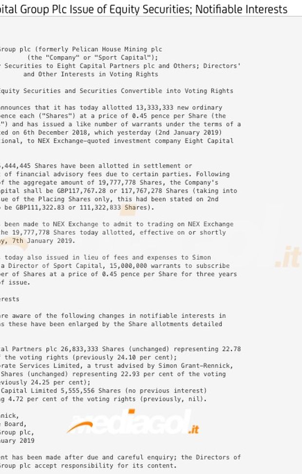 Cessione Palermo, le nuove quote azionarie della Sport Capital Group PLC: ecco le percentuali 