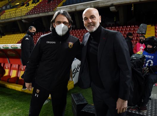 BENEVENTO, ITALY - JANUARY 03: Filippo Inzaghi, head coach of Benevento poses for a photo with Stefano Pioli, manager of AC Milan ahead of the Serie A match between Benevento Calcio and AC Milan at Stadio Ciro Vigorito on January 03, 2021 in Benevento, Italy. Sporting stadiums around Italy remain under strict restrictions due to the Coronavirus Pandemic as Government social distancing laws prohibit fans inside venues resulting in games being played behind closed doors. (Photo by Francesco Pecoraro/Getty Images) BENEVENTO, ITALY - JANUARY 03: Filippo Inzaghi, head coach of Benevento poses for a photo with Stefano Pioli, manager of AC Milan ahead of the Serie A match between Benevento Calcio and AC Milan at Stadio Ciro Vigorito on January 03, 2021 in Benevento, Italy. Sporting stadiums around Italy remain under strict restrictions due to the Coronavirus Pandemic as Government social distancing laws prohibit fans inside venues resulting in games being played behind closed doors. (Photo by Francesco Pecoraro/Getty Images)
