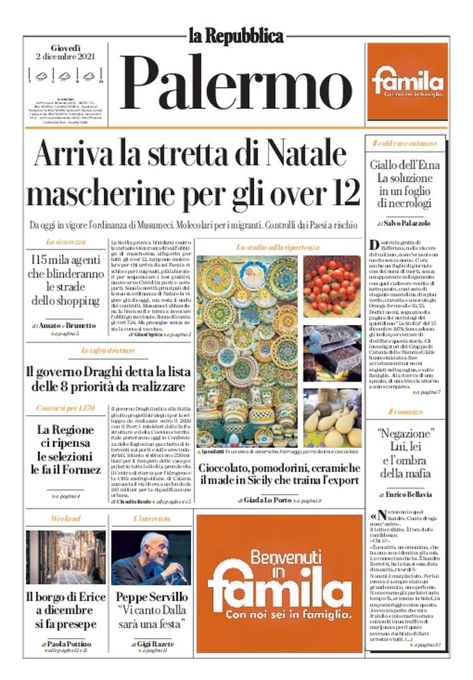 Prima Pagina, La Repubblica-Palermo: “Arriva la stretta di Natale”  Prima Pagina, La Repubblica-Palermo: “Arriva la stretta di Natale” - immagine 1