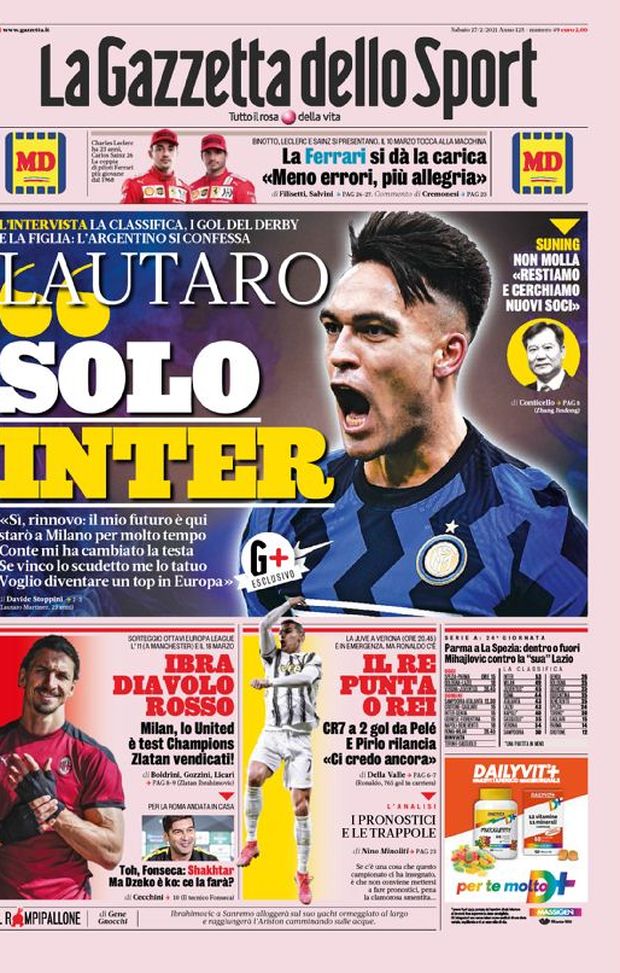 Prima Pagina, La Gazzetta dello Sport: “Lautaro, solo Inter. Ibra Diavolo rosso. Il re punta O Rei”  Prima Pagina, La Gazzetta dello Sport: “Lautaro, solo Inter. Ibra Diavolo rosso. Il re punta O Rei”