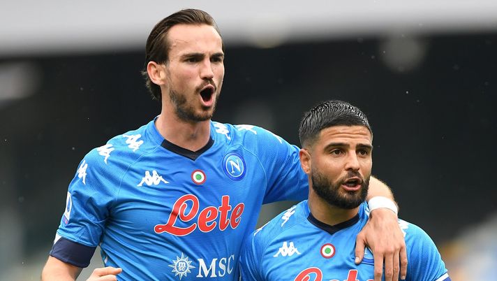 NAPLES, ITALY - APRIL 03: Lorenzo Insigne of SSC Napoli (R) celebrates with teammate Fabian Ruiz after scoring their side's first goal during the Serie A match between SSC Napoli and FC Crotone at Stadio Diego Armando Maradona on April 03, 2021 in Naples, Italy. Sporting stadiums around Italy remain under strict restrictions due to the Coronavirus Pandemic as Government social distancing laws prohibit fans inside venues resulting in games being played behind closed doors. (Photo by Francesco Pecoraro/Getty Images) NAPLES, ITALY - APRIL 03: Lorenzo Insigne of SSC Napoli (R) celebrates with teammate Fabian Ruiz after scoring their side's first goal during the Serie A match between SSC Napoli and FC Crotone at Stadio Diego Armando Maradona on April 03, 2021 in Naples, Italy. Sporting stadiums around Italy remain under strict restrictions due to the Coronavirus Pandemic as Government social distancing laws prohibit fans inside venues resulting in games being played behind closed doors. (Photo by Francesco Pecoraro/Getty Images)