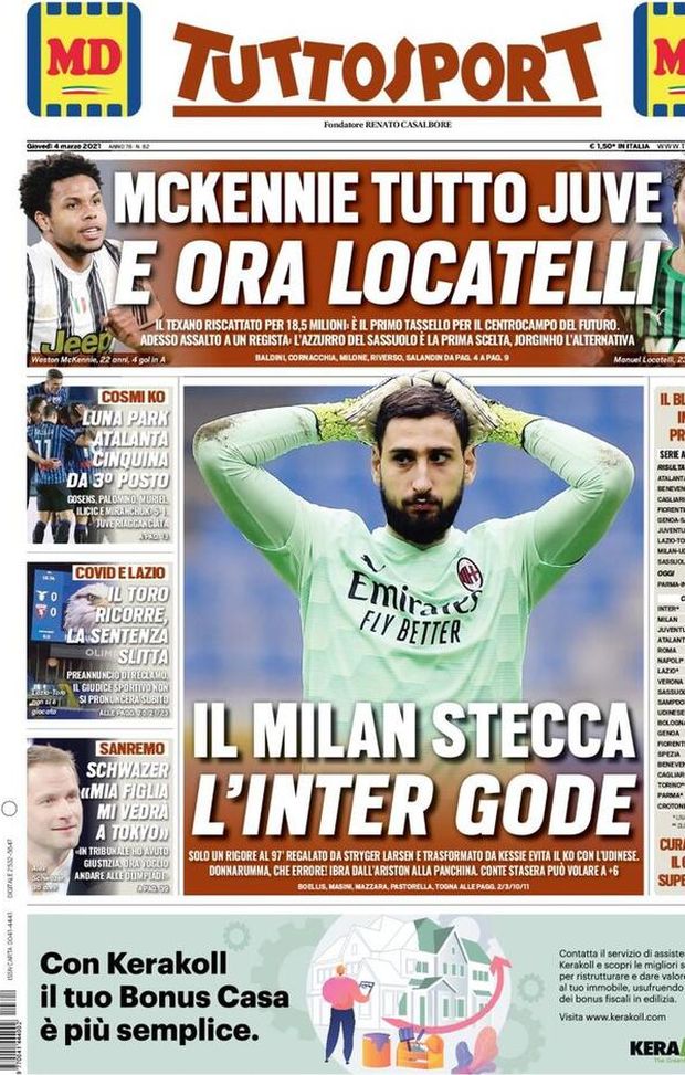 Tuttosport, la prima pagina di oggi, giovedì 4 marzo 2021 Tuttosport, la prima pagina di oggi, giovedì 4 marzo 2021