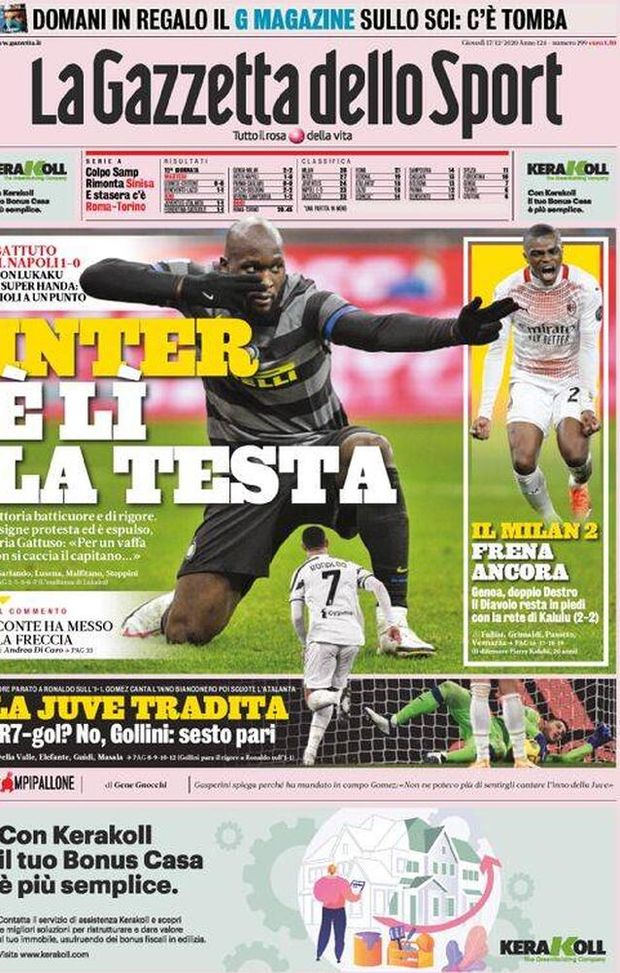  Gazzetta dello Sport, la prima pagina di oggi, giovedì 17 dicembre 2020 