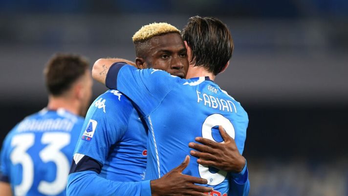 NAPLES, ITALY - MARCH 07: Victor Osimhen of SSC Napoli celebrates with Fabian Ruiz after scoring their side's second goal during the Serie A match between SSC Napoli and Bologna FC at Stadio Diego Armando Maradona on March 07, 2021 in Naples, Italy. Sporting stadiums around Italy remain under strict restrictions due to the Coronavirus Pandemic as Government social distancing laws prohibit fans inside venues resulting in games being played behind closed doors. (Photo by Francesco Pecoraro/Getty Images) Napoli, riecco Fabian Ruiz e Manolas: i cinque veri dubbi di Gattuso per fine stagione - immagine 1