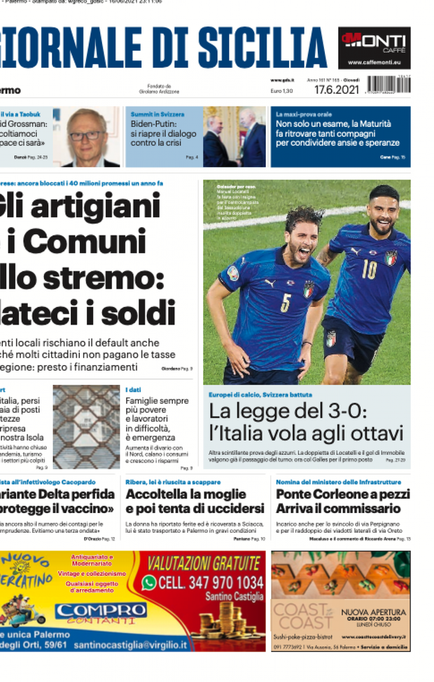 Prima Pagina, Giornale di Sicilia: “La legge del 3-0: l’Italia vola agli ottavi” Prima Pagina, Giornale di Sicilia: “La legge del 3-0: l’Italia vola agli ottavi”
