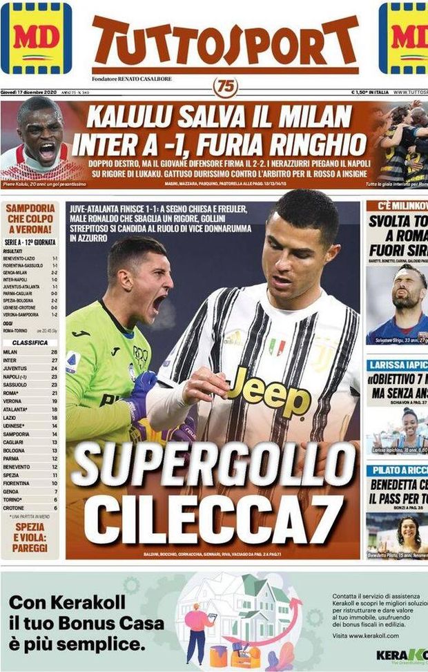  Tuttosport, la prima pagina di oggi, giovedì 17 dicembre 2020 