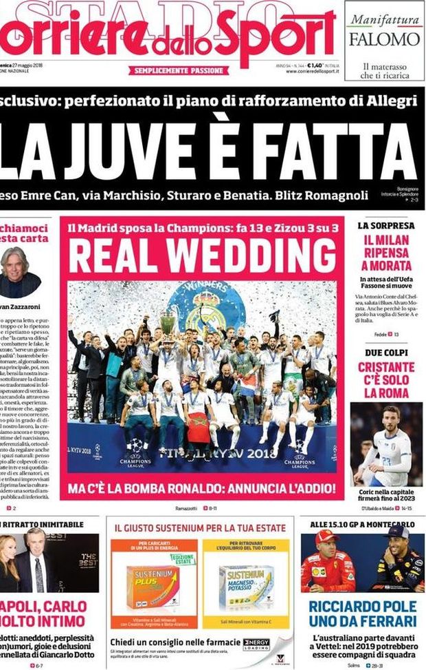 Prima Pagina, Corriere dello Sport: “Real Wedding. La Juve è fatta. Il Milan ripensa a Morata. Napoli, Carlo molto intimo…” Prima Pagina, Corriere dello Sport: “Real Wedding. La Juve è fatta. Il Milan ripensa a Morata. Napoli, Carlo molto intimo…”