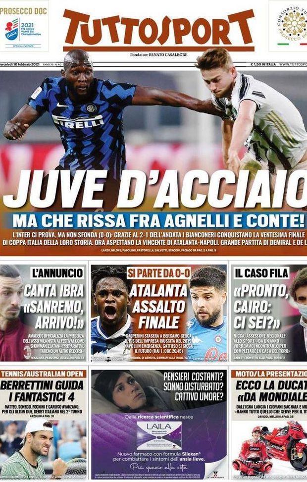 Prima Pagina, Tuttosport: “Juve d’acciaio, ma che rissa tra Agnelli e Conte. Atalanta, assalto finale” 