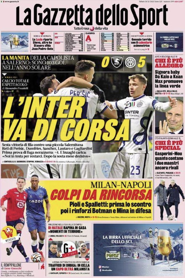 Prima Pagina, Gazzetta dello Sport: “L’Inter di corsa. Milan-Napoli colpi da rincorsa” prima pagina
