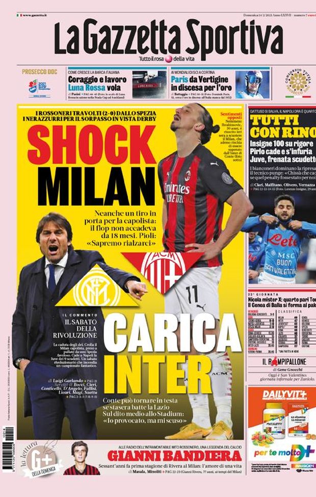 Prima Pagina, La Gazzetta dello Sport: “Shock Milan, carica Inter. Tutto con Rino” 