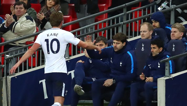 LONDON, ENGLAND - JANUARY 07: Harry Kane of Tottenham Hotspur and Mauricio Pochettino, Manager of Tottenham Hotspur speak during The Emirates FA Cup Third Round match between Tottenham Hotspur and AFC Wimbledon at Wembley Stadium on January 7, 2018 in London, England. (Photo by Julian Finney/Getty Images) LONDON, ENGLAND - JANUARY 07: Harry Kane of Tottenham Hotspur and Mauricio Pochettino, Manager of Tottenham Hotspur speak during The Emirates FA Cup Third Round match between Tottenham Hotspur and AFC Wimbledon at Wembley Stadium on January 7, 2018 in London, England. (Photo by Julian Finney/Getty Images)