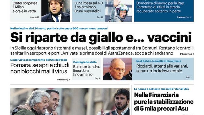 Prima Pagina, Giornale di Sicilia: “Si riparte da giallo e… vaccini. In Sicilia oggi riaprono ristoranti e musei” 