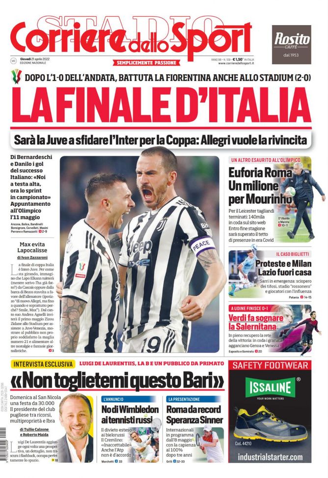 Prima Pagina, Corriere dello Sport: “La finale d’Italia”. De Laurentiis e il Bari…  Prima Pagina, Corriere dello Sport: “La finale d’Italia”. De Laurentiis e il Bari… - immagine 1