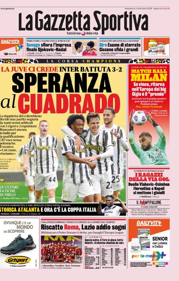 Prima Pagina, La Gazzetta dello Sport: “Speranza al Cuadrado. Storica Atalanta. Match ball Milan” Prima Pagina, La Gazzetta dello Sport: “Speranza al Cuadrado. Storica Atalanta. Match ball Milan”