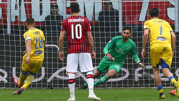 19 maggio 2019, Milan-Frosinone 2-0: Gianluigi Donnarumma para un rigore a Camillo Ciano (credits: acmilan.com) 