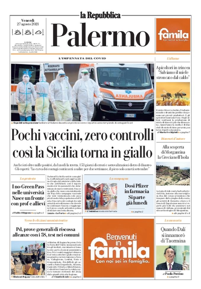 Prima Pagina, La Repubblica-Palermo: “Pochi vaccini, zero controlli. Impennata Covid”  Prima Pagina, La Repubblica-Palermo: “Pochi vaccini, zero controlli. Impennata Covid”