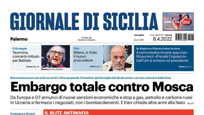 Prima Pagina, Giornale di Sicilia: “Embargo totale contro Mosca”  Prima Pagina, Giornale di Sicilia: “Embargo totale contro Mosca” - immagine 1