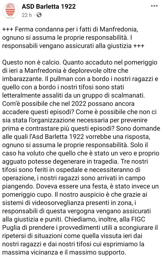 Derby pugliese, sassi in faccia ai tifosi del Barletta: 3 feriti in ospedale “E la prevenzione?”- immagine 3