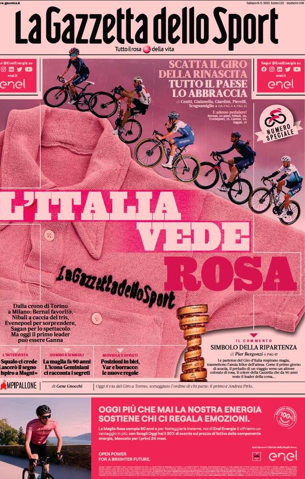 Prima Pagina, La Gazzetta dello Sport: “L’Italia vede rosa, scatta il giro della rinascita” 